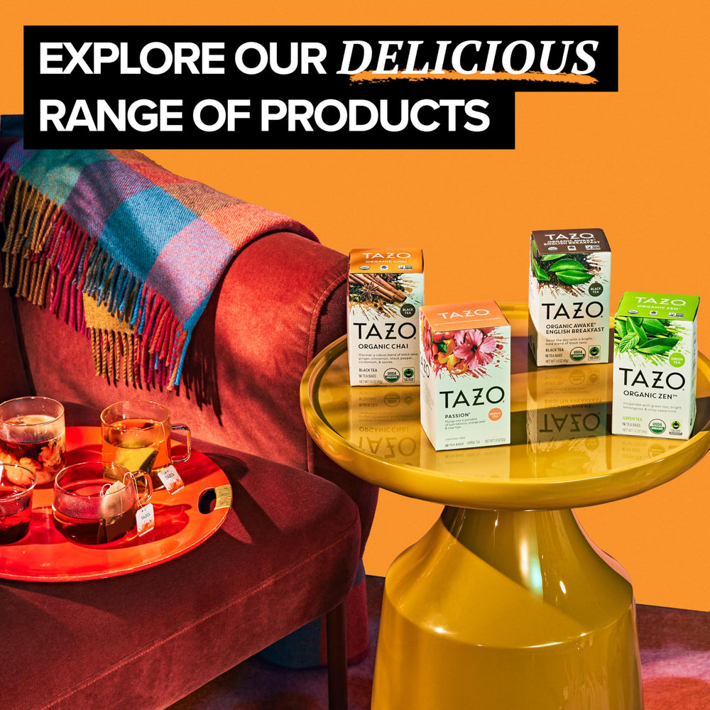 TAZO pack beside mug for scale, clarifies portion size and convenience