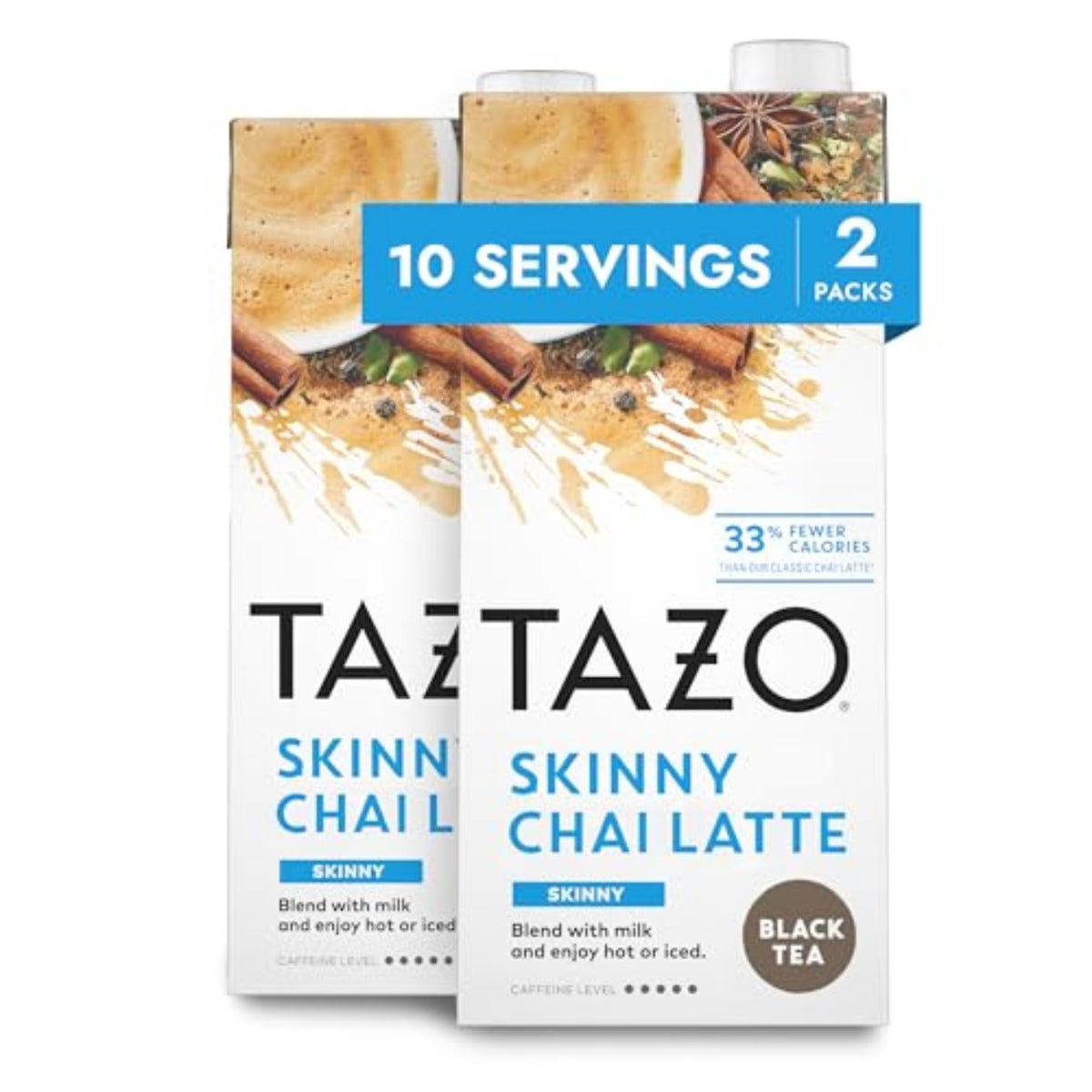 TAZO front packaging showing two 32 oz skinny chai cartons and brand logo benefit convenience