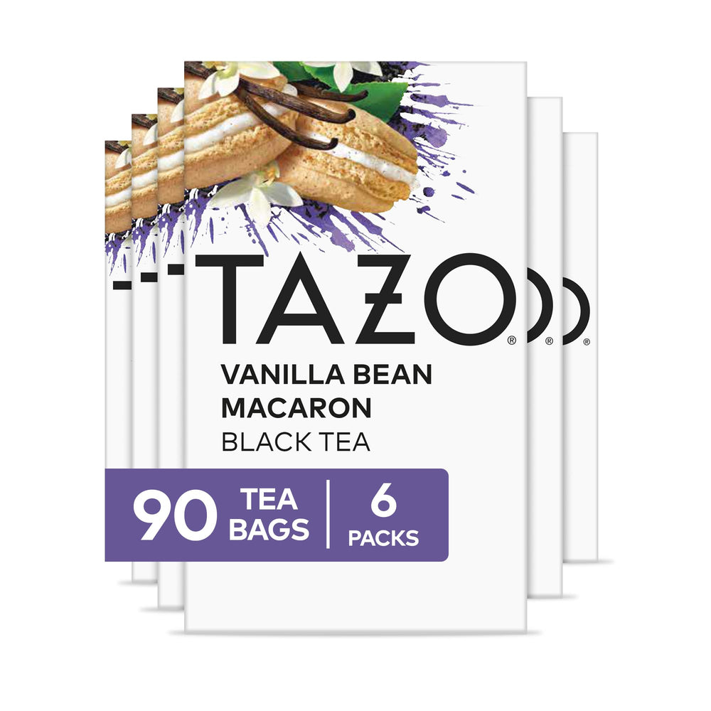 TAZO front packaging showing 90-count vanilla bean macaron and convenience