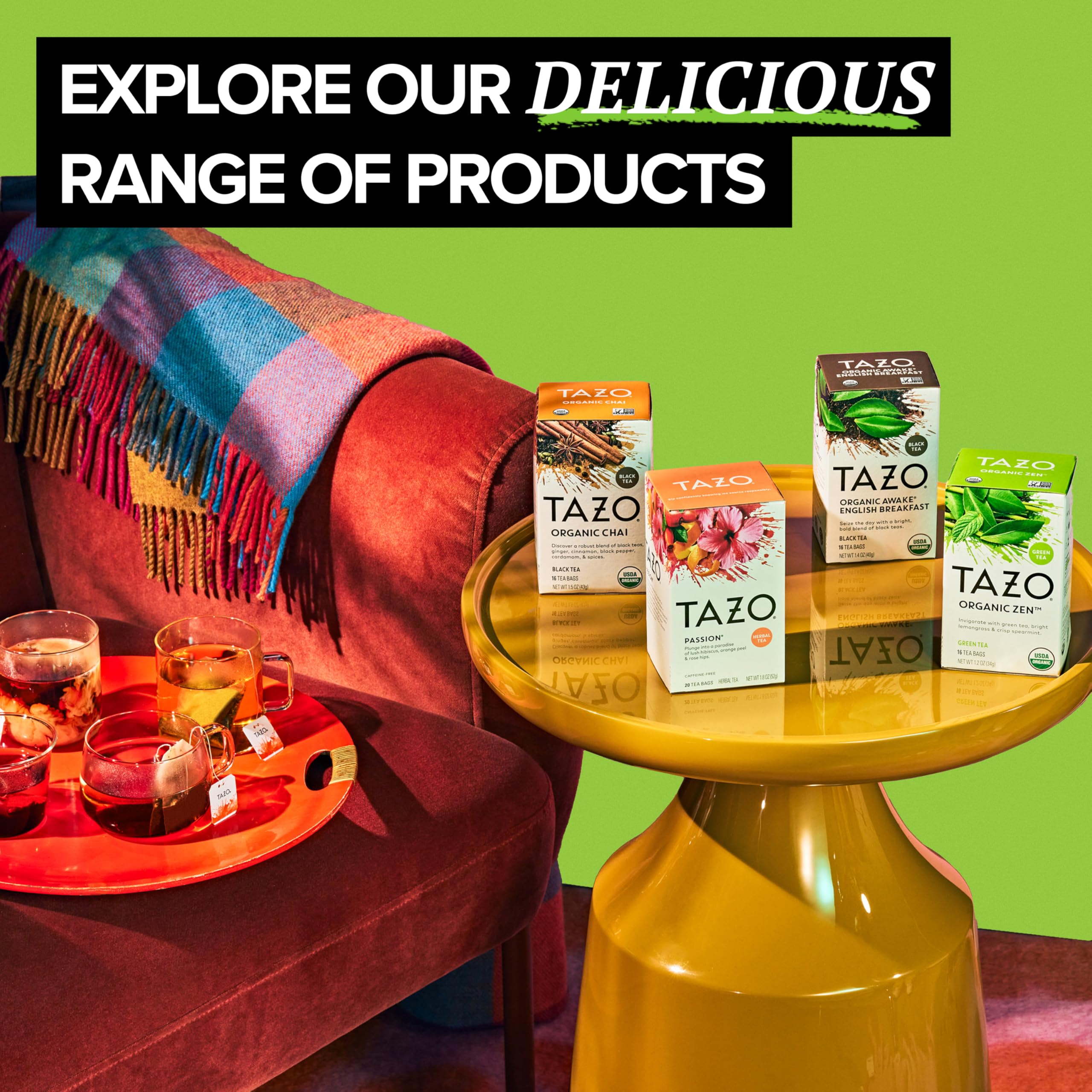 TAZO box next to household object showing large pack convenience benefit