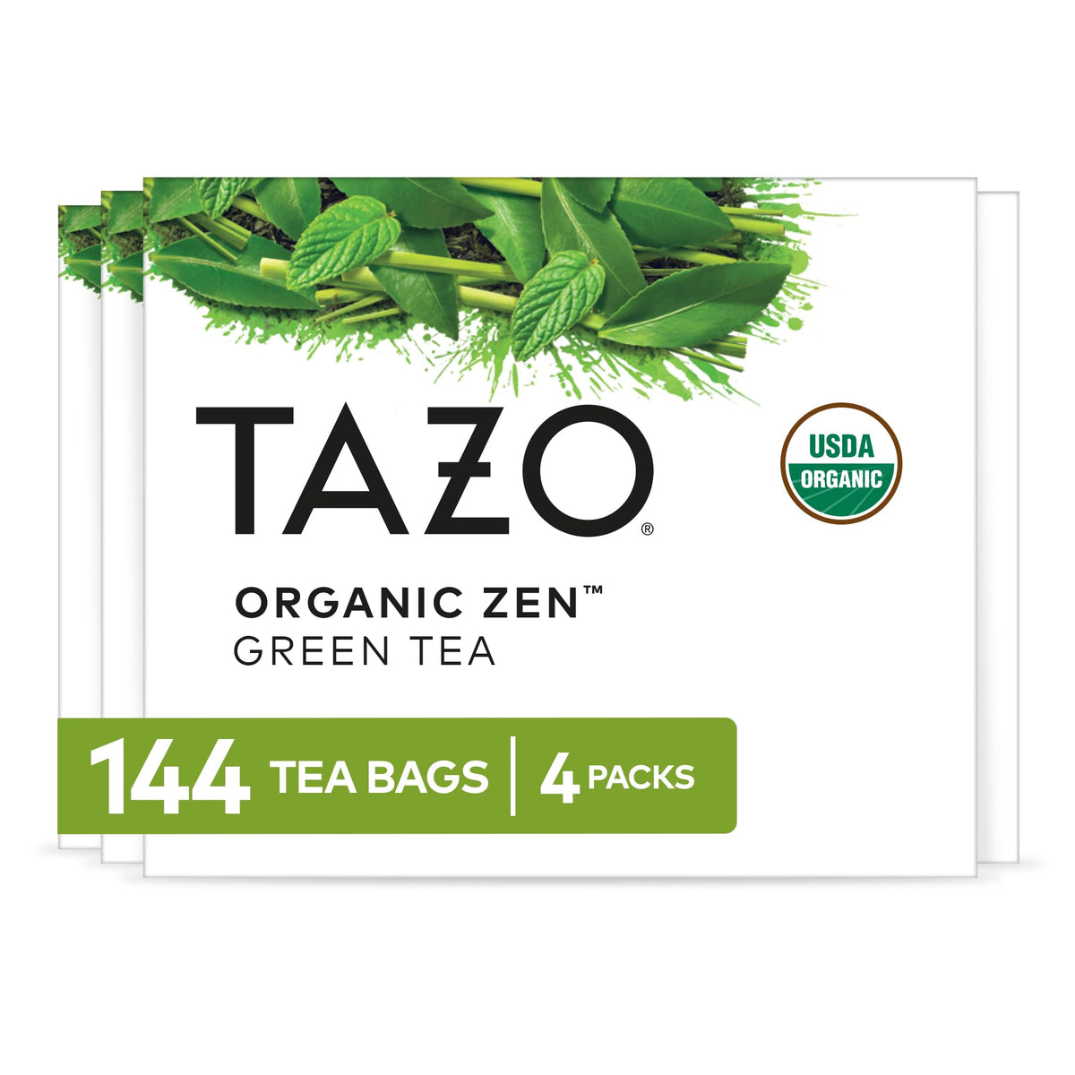 TAZO front packaging showing 144-count bundle and brand benefit