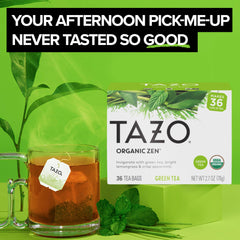 TAZO tea bag close-up displaying tag and convenience benefit