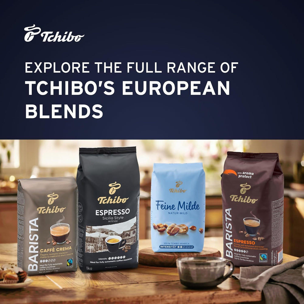Tchibo on a breakfast table with cup, suggesting balanced everyday coffee enjoyment