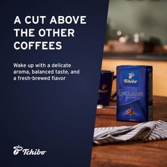 Tchibo opened pouch with fresh grounds ready to brew, highlighting preserved aroma