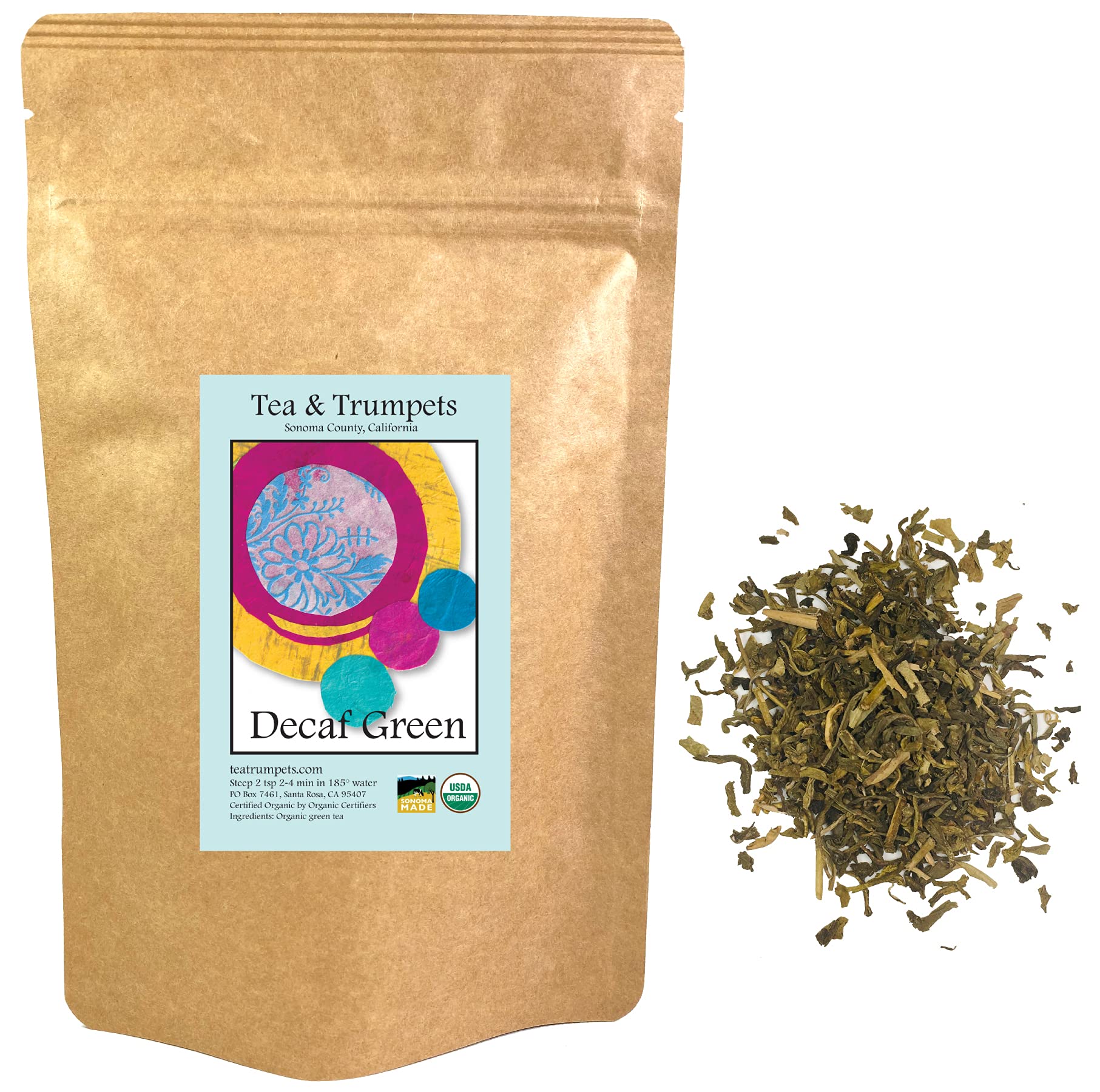 Tea & Trumpets front pouch showing organic decaf green tea and benefits