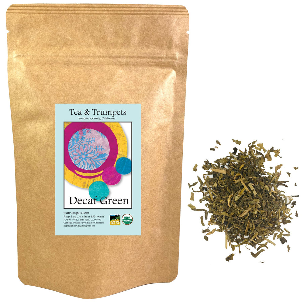 Tea & Trumpets front pouch showing organic decaf green tea and benefits