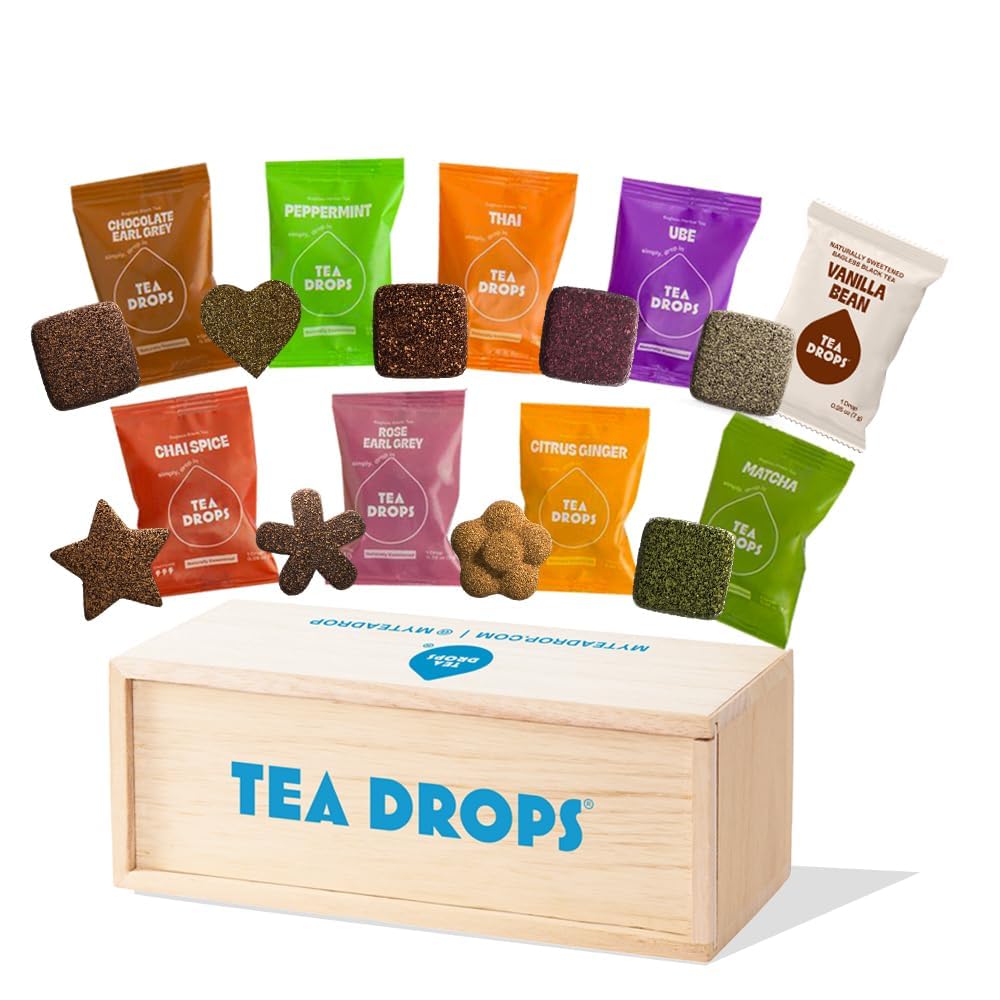 Tea Drops front packaging showing nine-flavor sampler and gift-ready box benefit