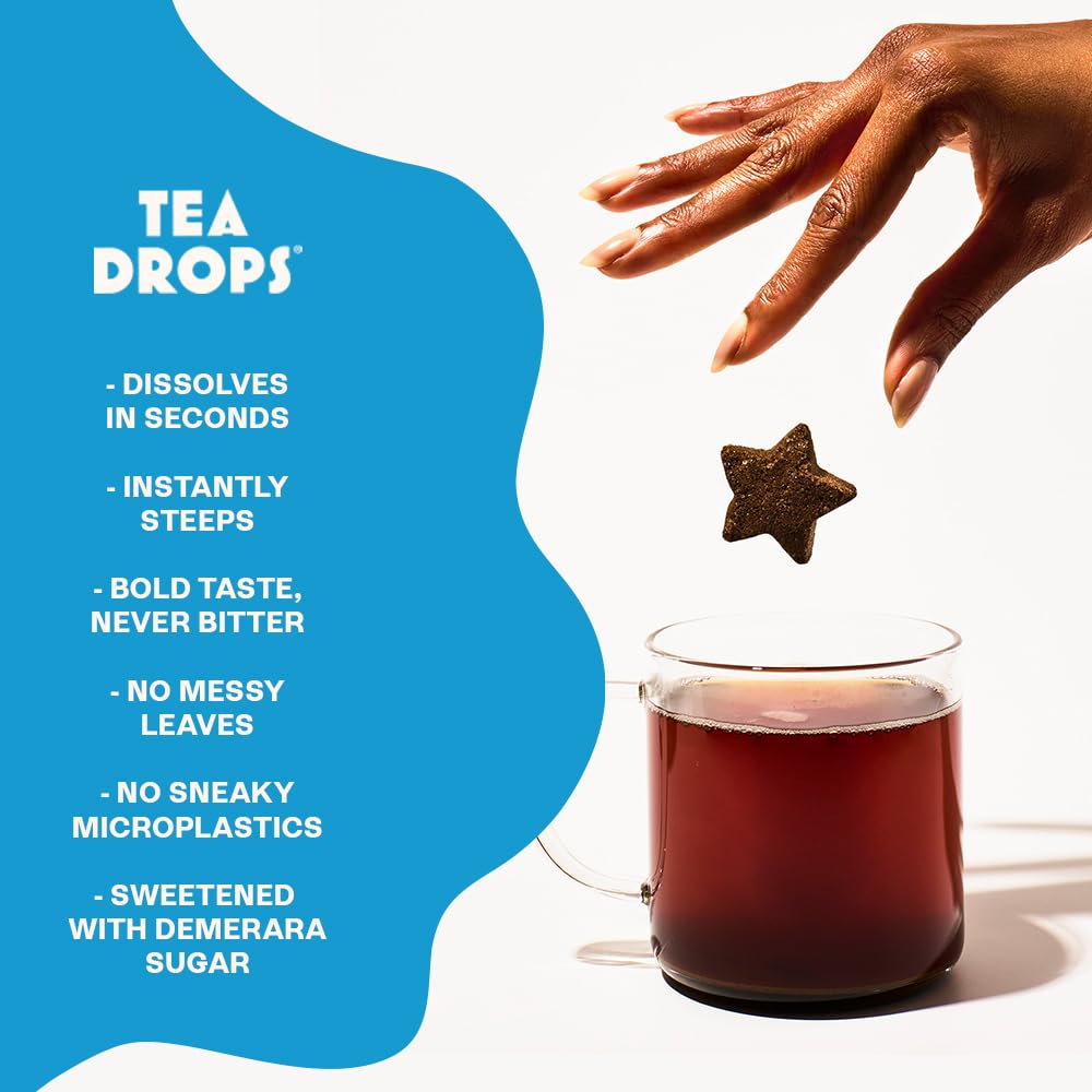 Tea Drops texture and ingredients close-up highlighting organic leaves and real additions