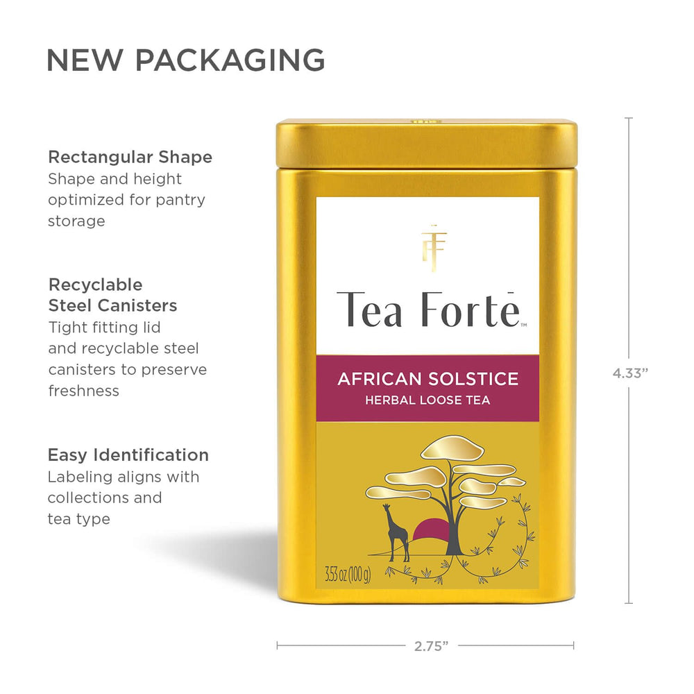 Tea Forte canister next to teaspoon showing portion size and storage scale