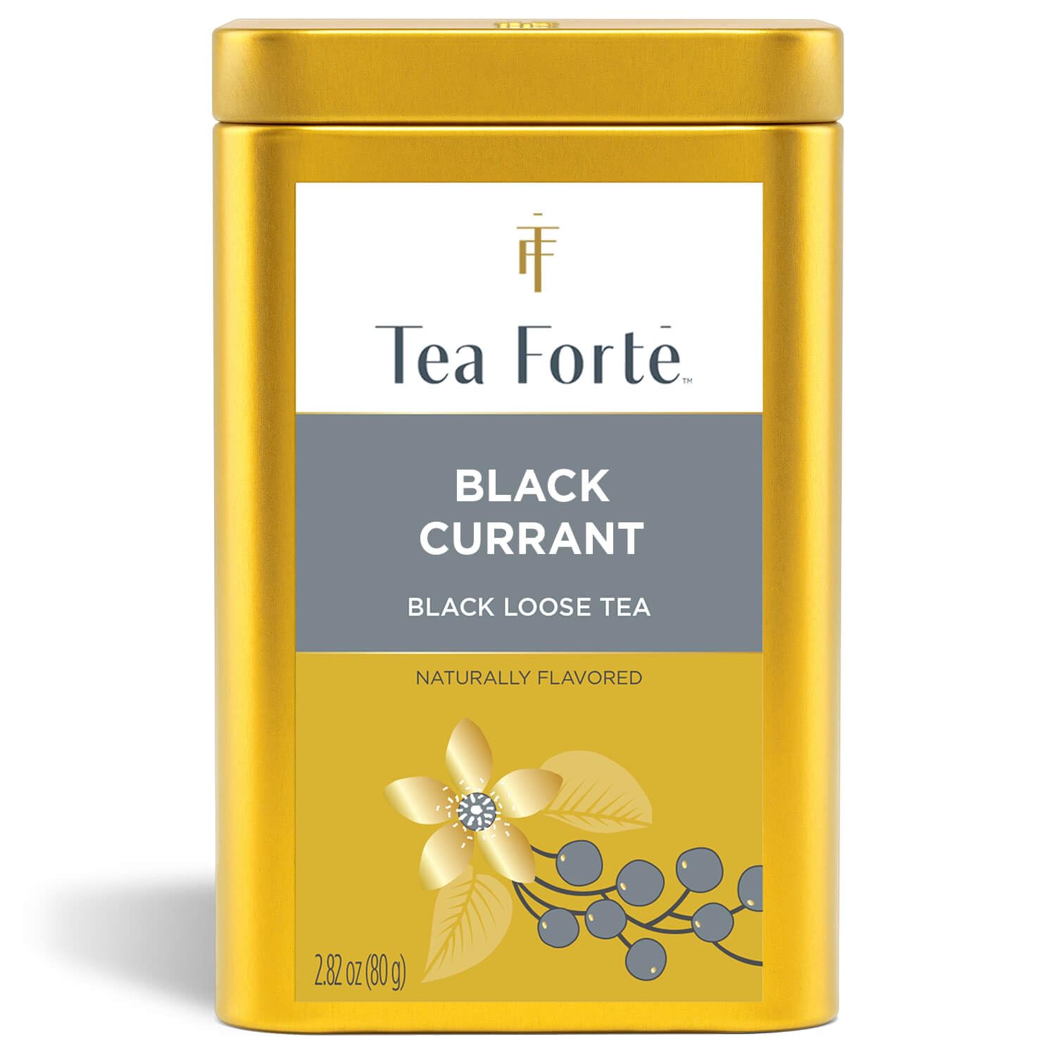 Tea Forte canister front view showing black currant blend and elegant packaging for a premium display