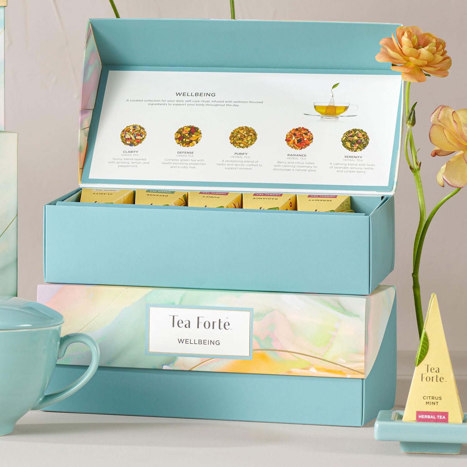 Tea Forté blend labels and tasting guide displayed for easy selection