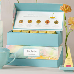 Tea Forté blend labels and tasting guide displayed for easy selection