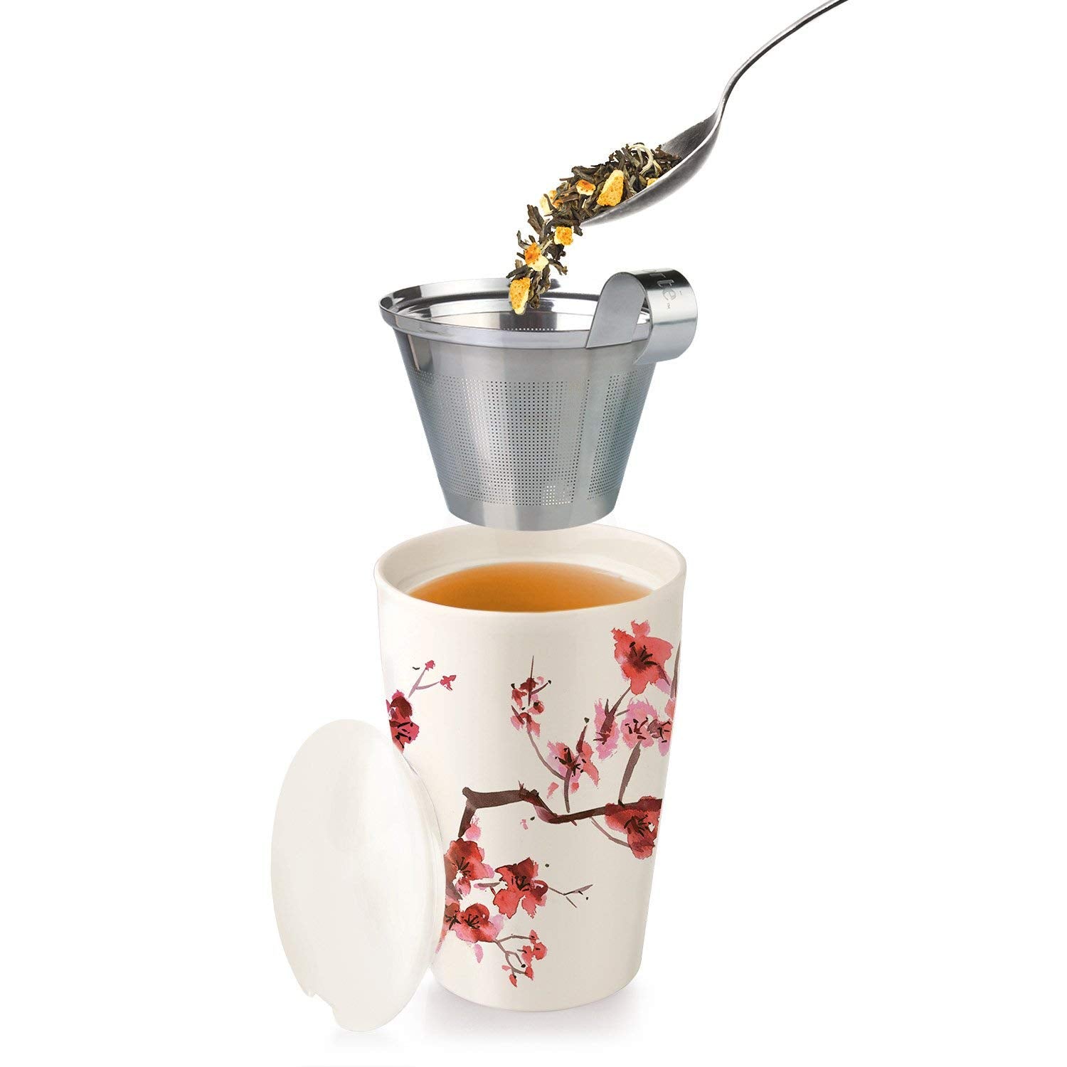 Tea Forte brewed cup of Earl Grey demonstrating clear amber color and serving suggestion