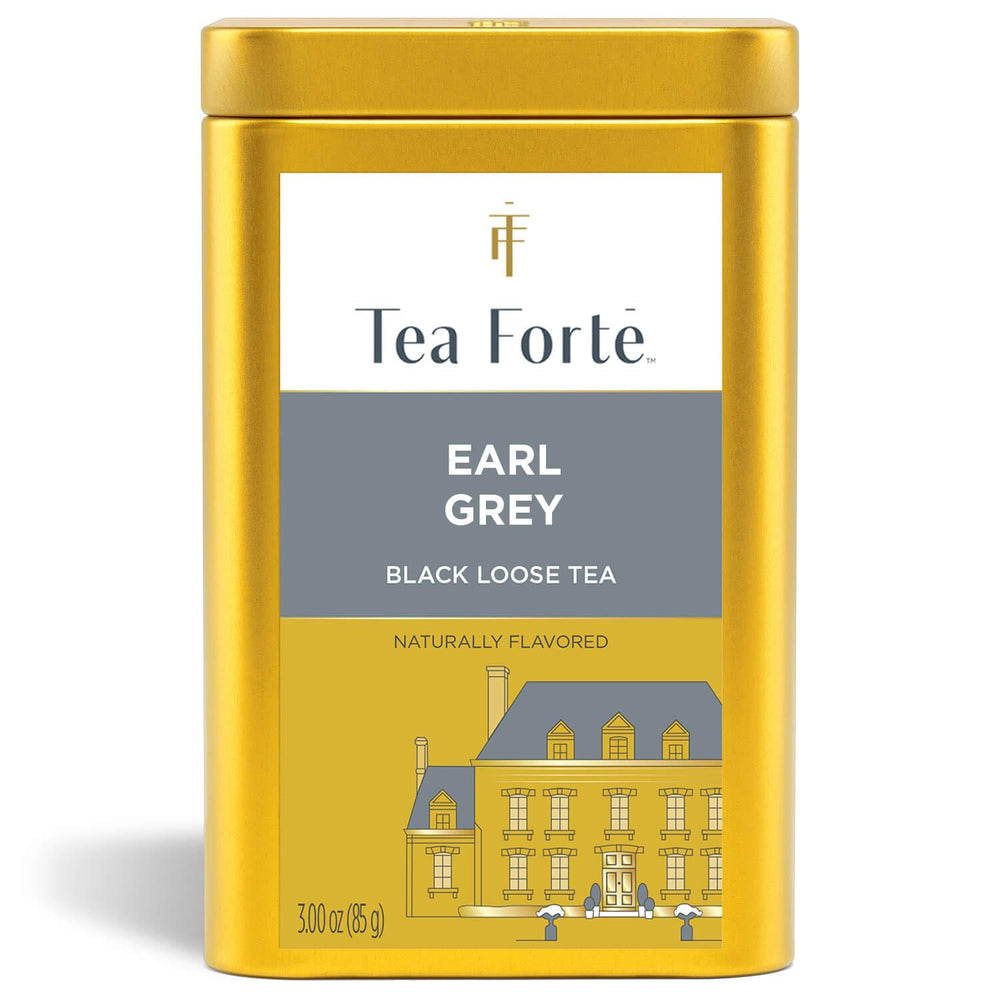 Tea Forte front canister showing elegant design and freshness preservation