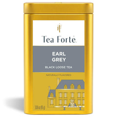 Tea Forte front canister showing elegant design and freshness preservation