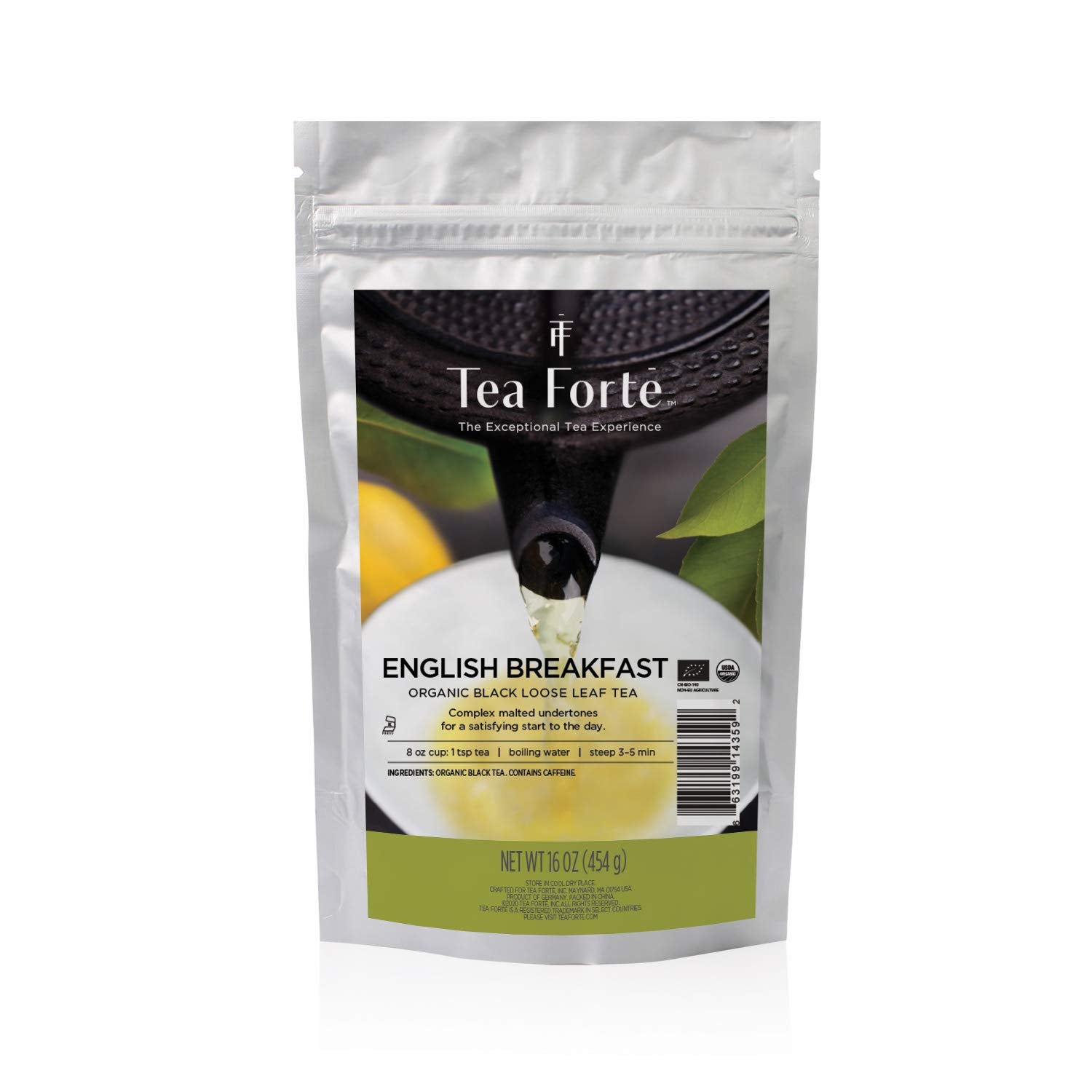 Tea Forte front pouch showing brand and 1 lb bulk bag for convenient storage