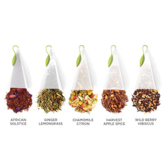 Five Tea Forte blends shown together, clear view of variety and tasting options