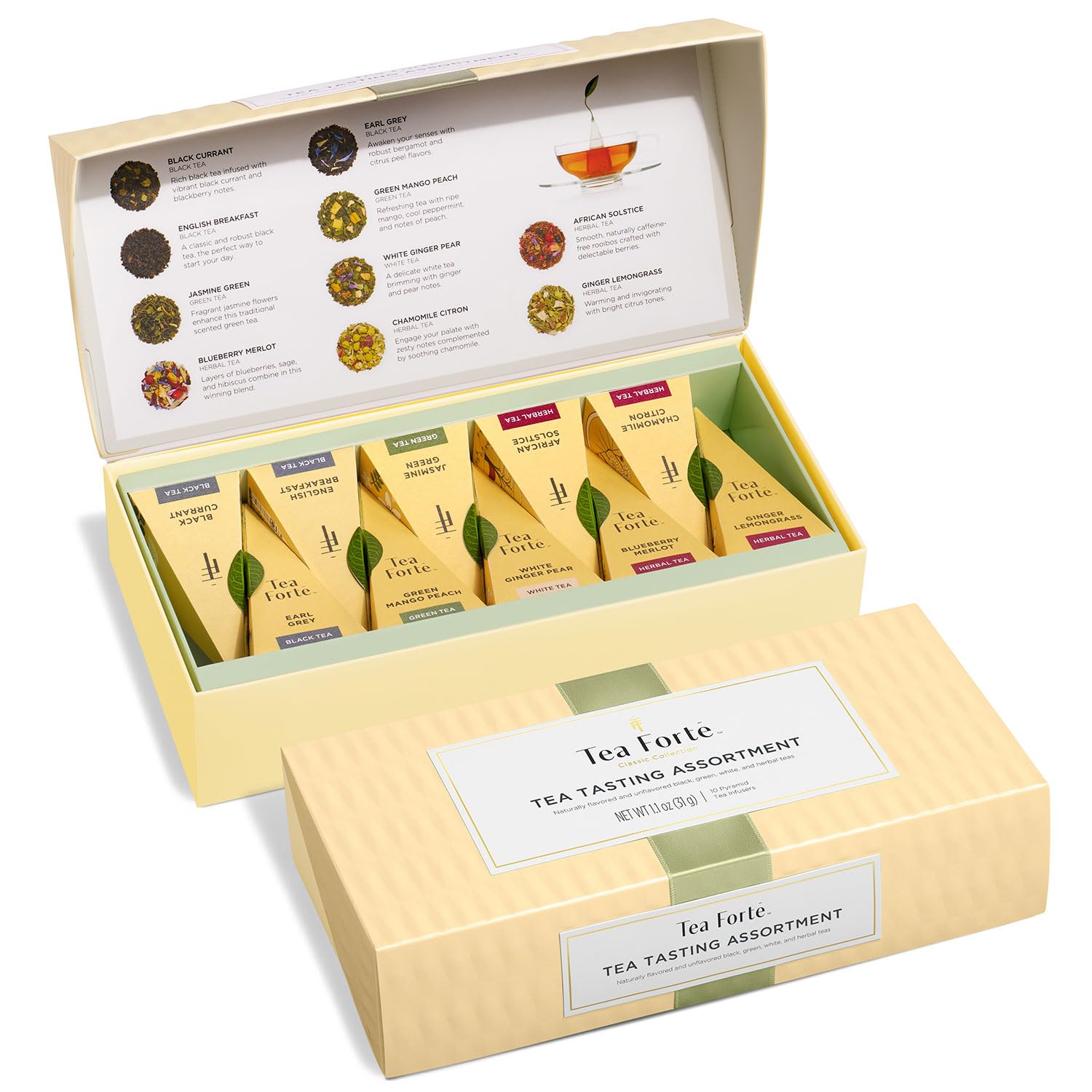 Tea Forte front packaging sampler showing elegant gift box and ten infusers, presents well