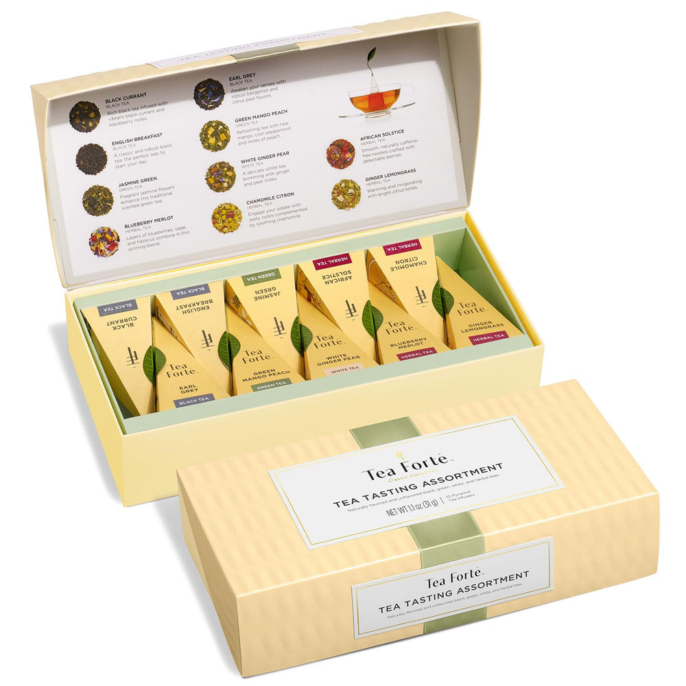 Tea Forte front packaging sampler showing elegant gift box and ten infusers, presents well