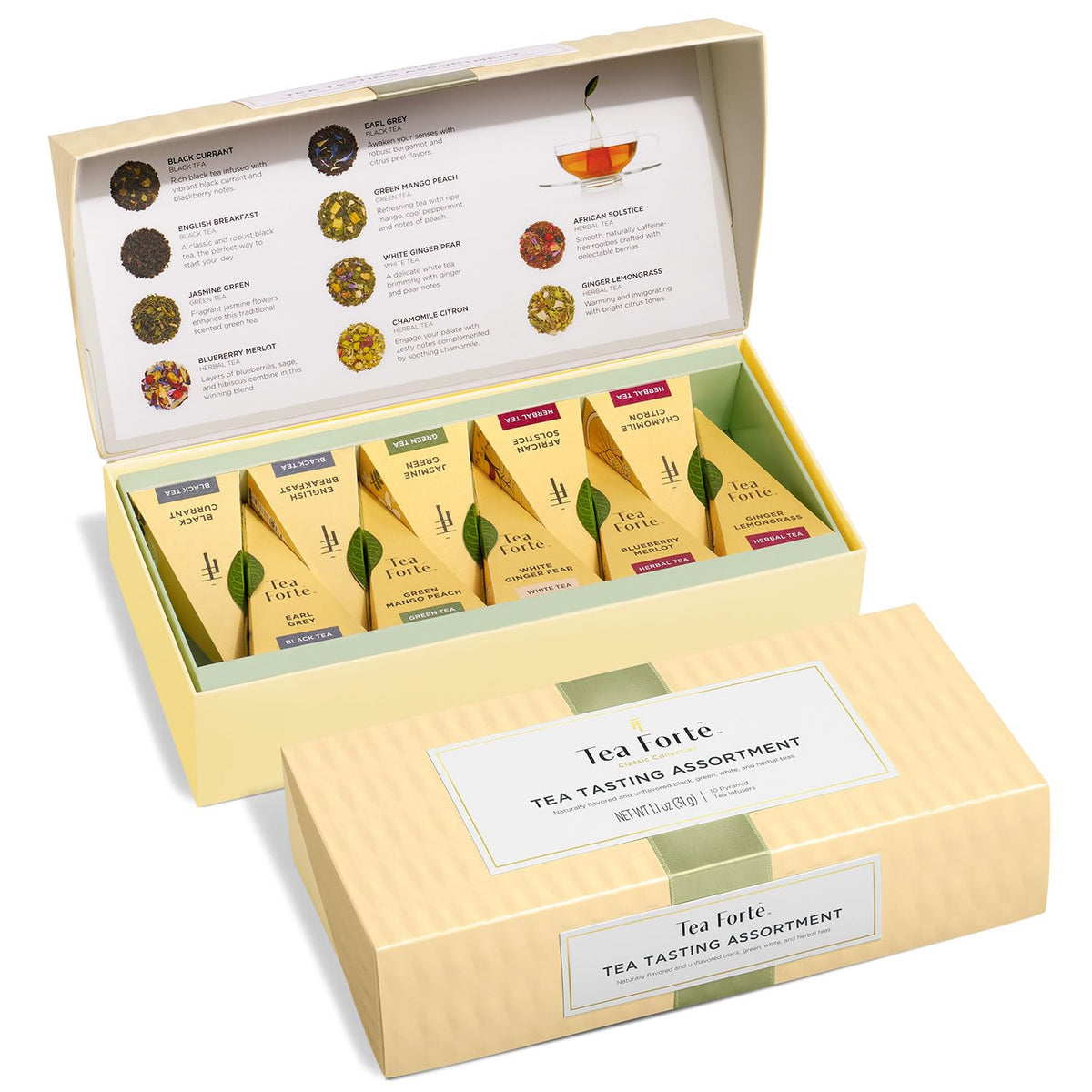 Tea Forte front packaging sampler showing elegant gift box and ten infusers, presents well