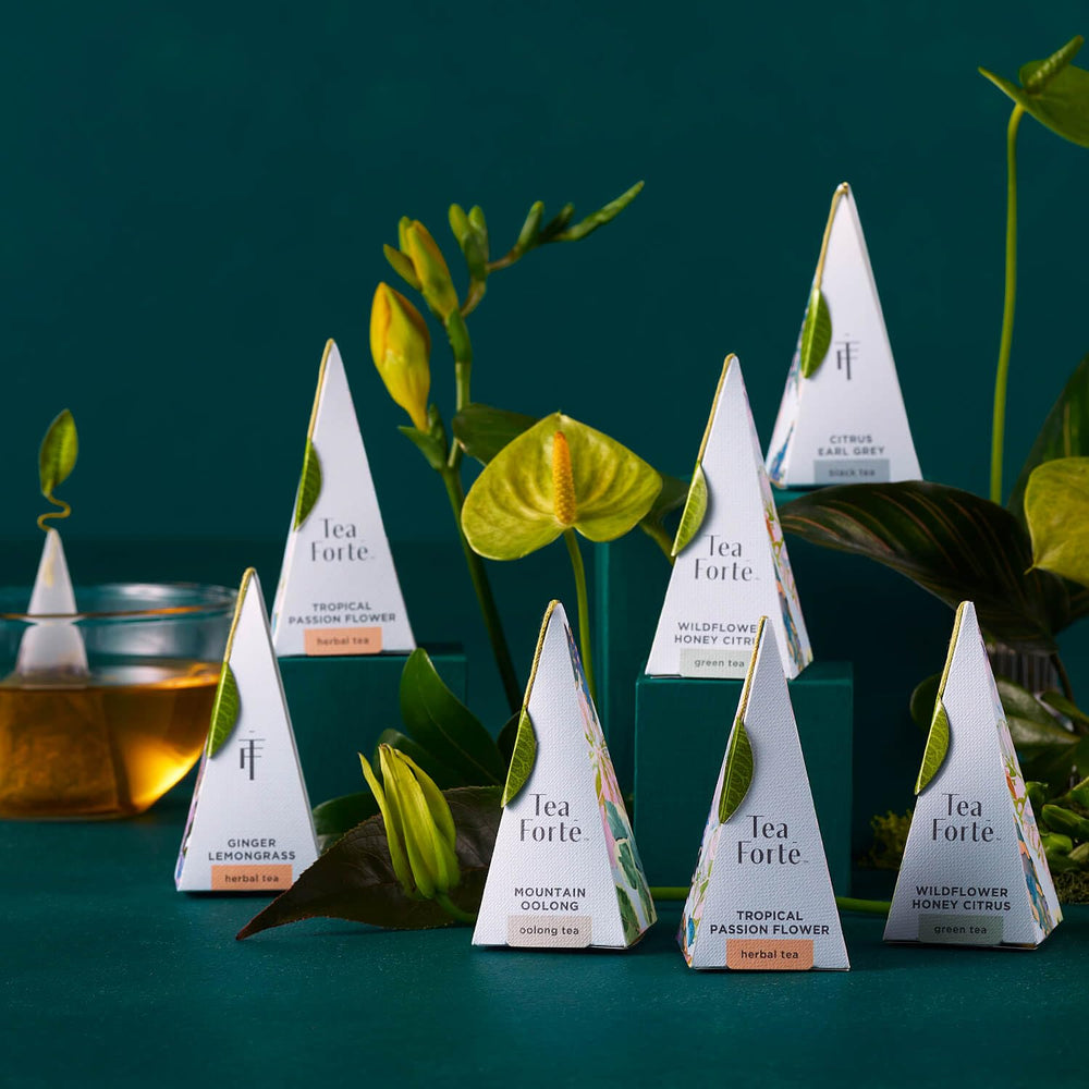 Tea Forte gift-ready wrapped box displayed as a luxury present benefit