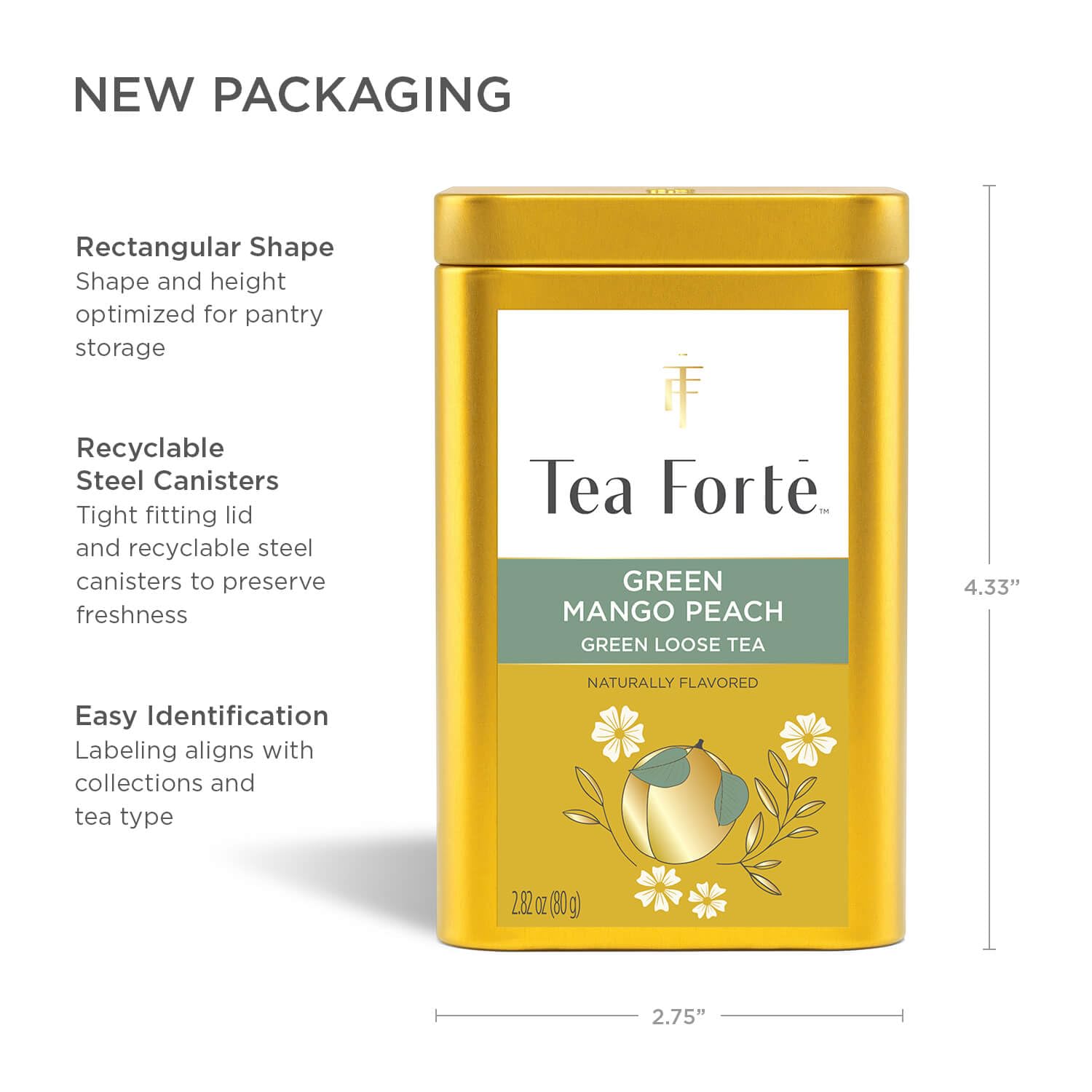 Tea Forte canister next to teaspoon showing size and recommended portioning convenience