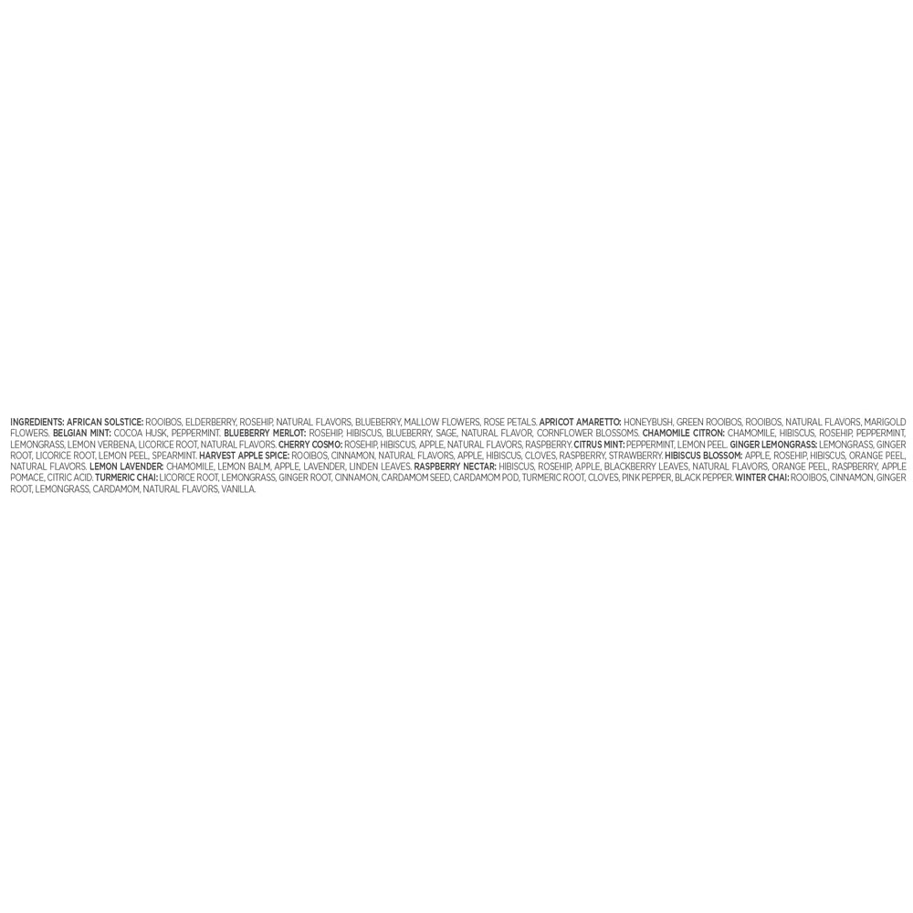 Tea Forte label showing the 14 blend names for variety and selection