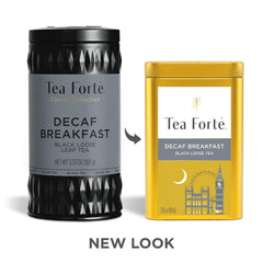 Tea Forte close-up of loose decaf black tea leaves highlighting raisin plum notes