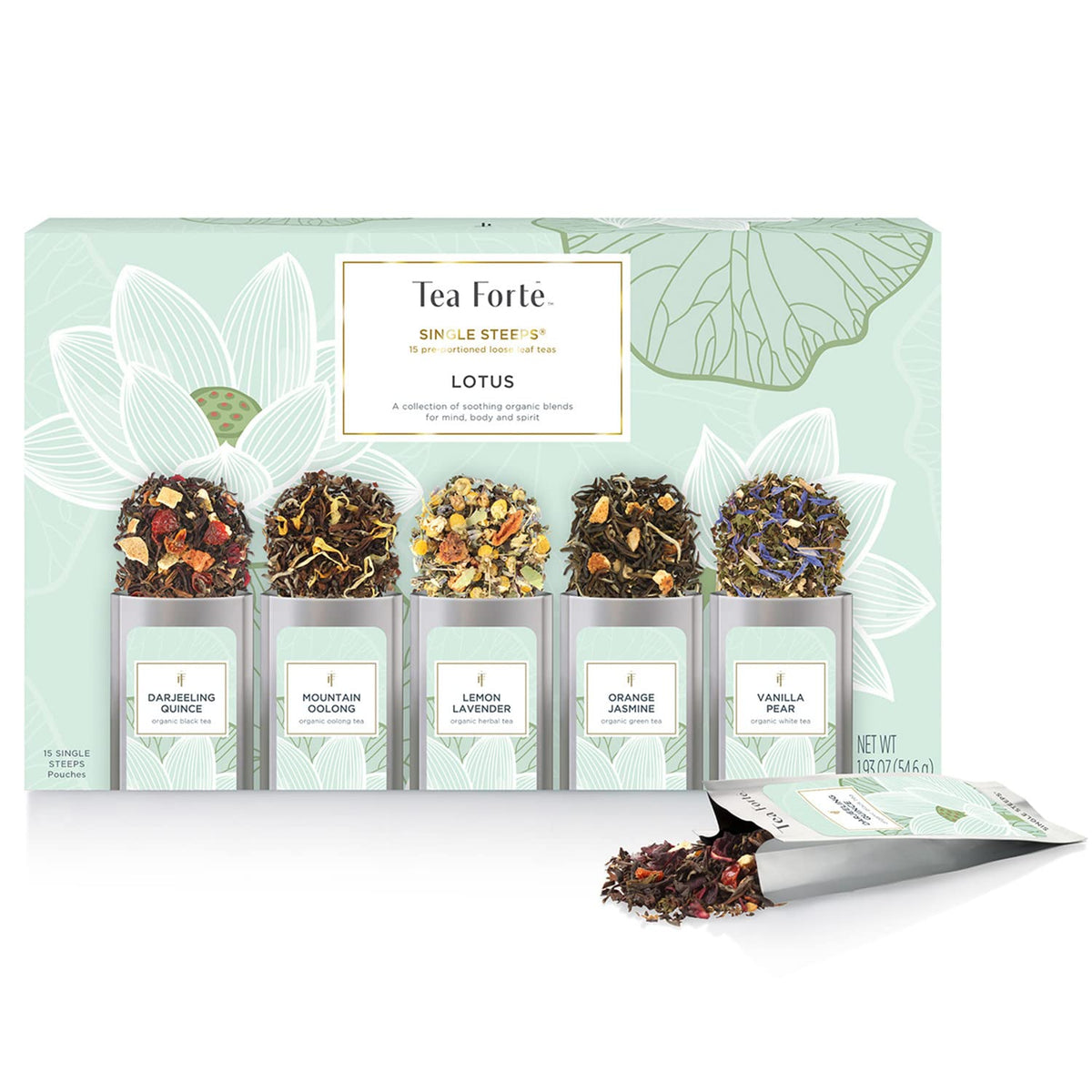 Tea Forte front packaging showing Lotus sampler and variety benefits