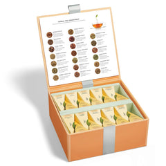 Tea Forte open chest overhead displaying organized tea selection for easy choosing