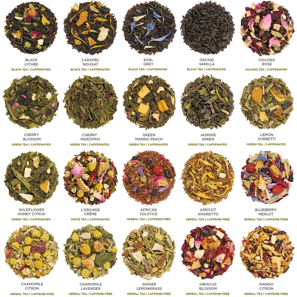 Tea Forté open chest displaying neatly arranged pyramid infusers and tasting guide