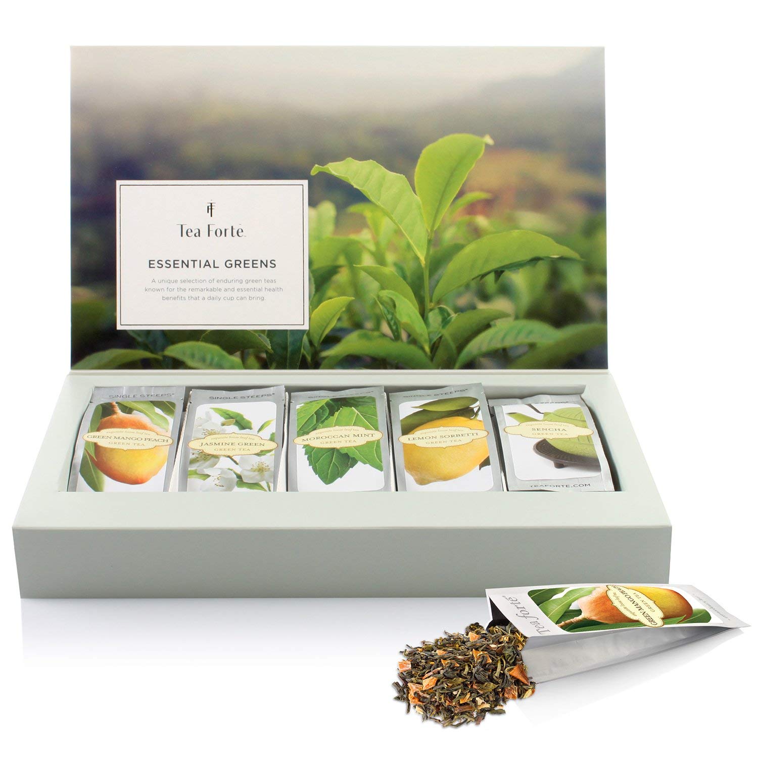 Tea Forte single-steep pouches closeup highlighting pre-measured convenience