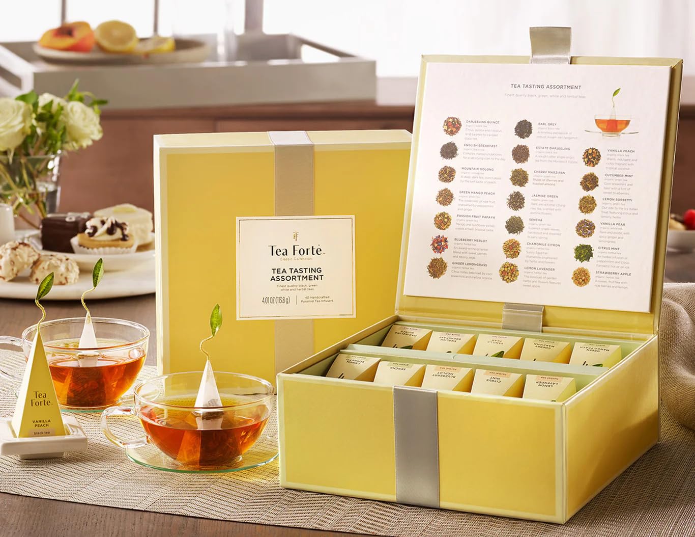 Tea Forte pyramid infuser close-up showing leaf expansion for fuller flavor