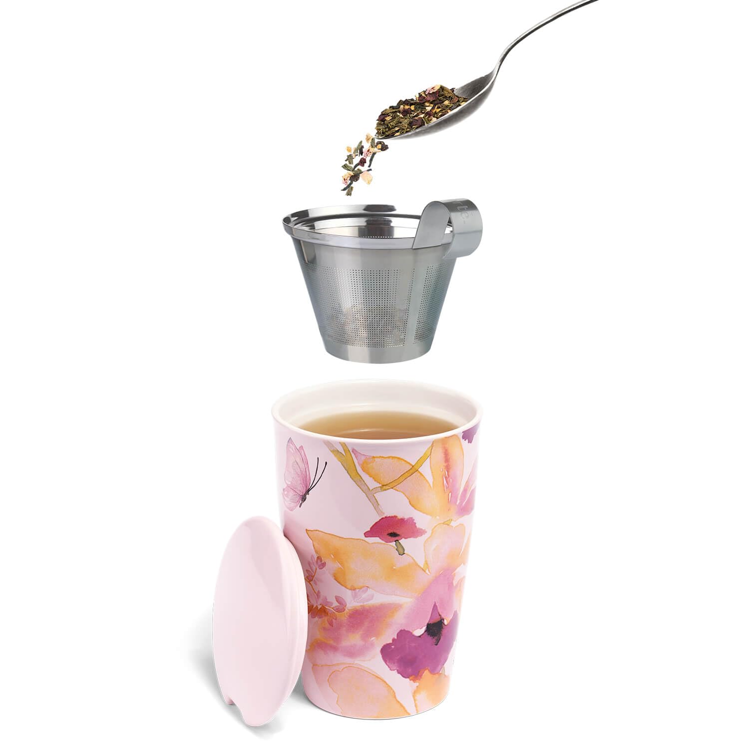 Tea Forte brewed Raspberry Nectar in cup, bright color suggesting vibrant flavor