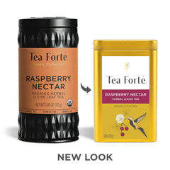 Tea Forte open canister with loose-leaf blend visible, preserving freshness
