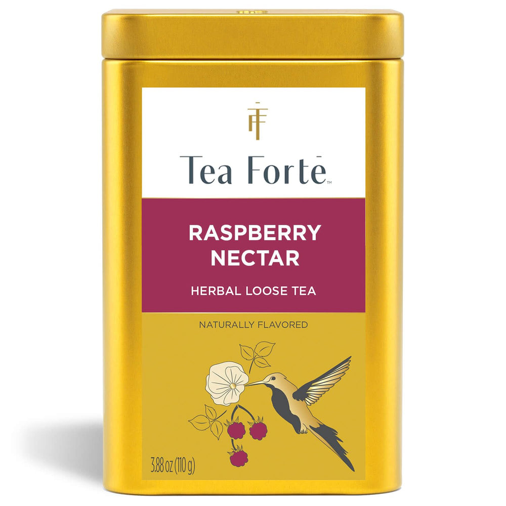 Tea Forte front canister showing Raspberry Nectar branding and gift-ready design