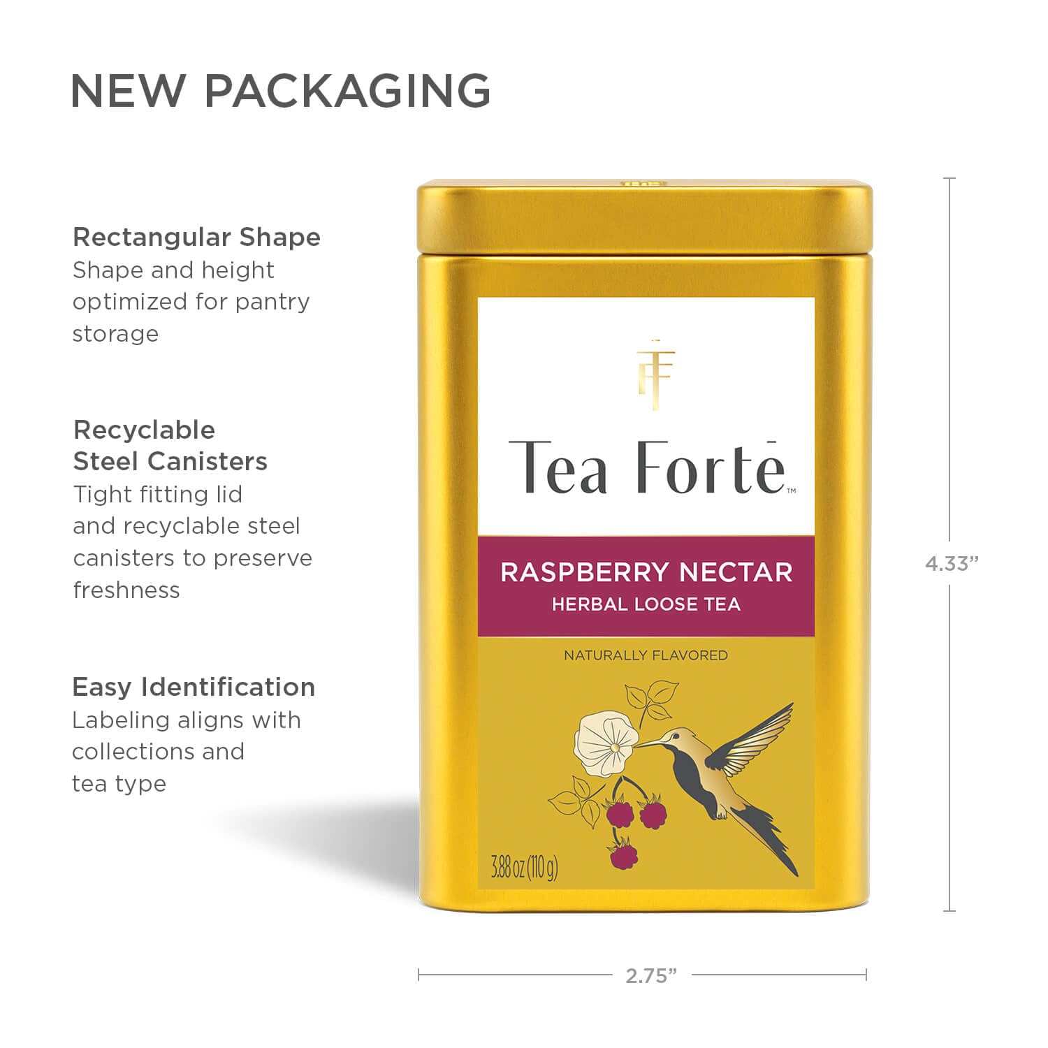 Tea Forte canister next to teaspoon showing scale and recommended portion