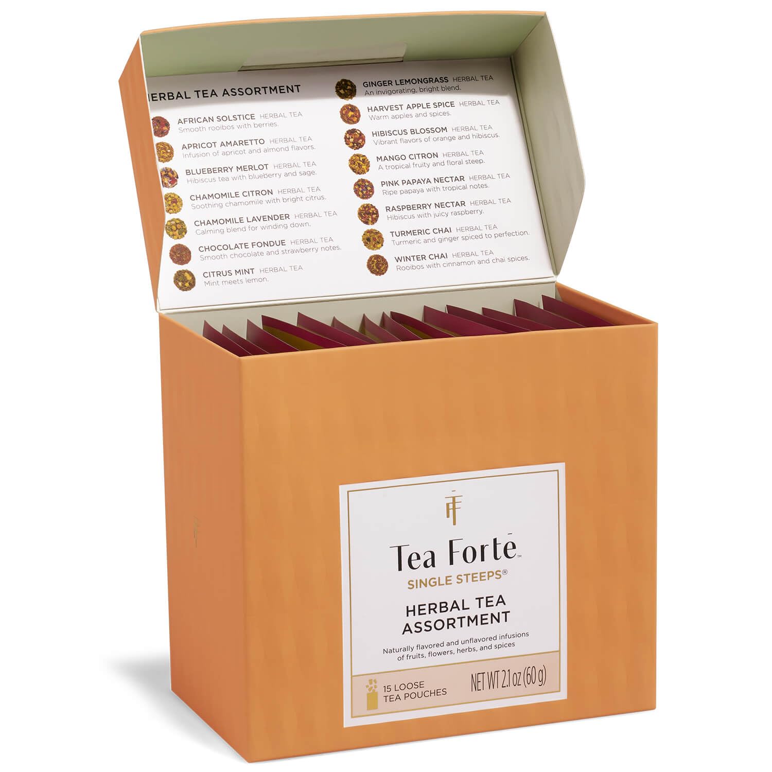 Tea Forte sampler box front showing assortment and easy brewing benefit