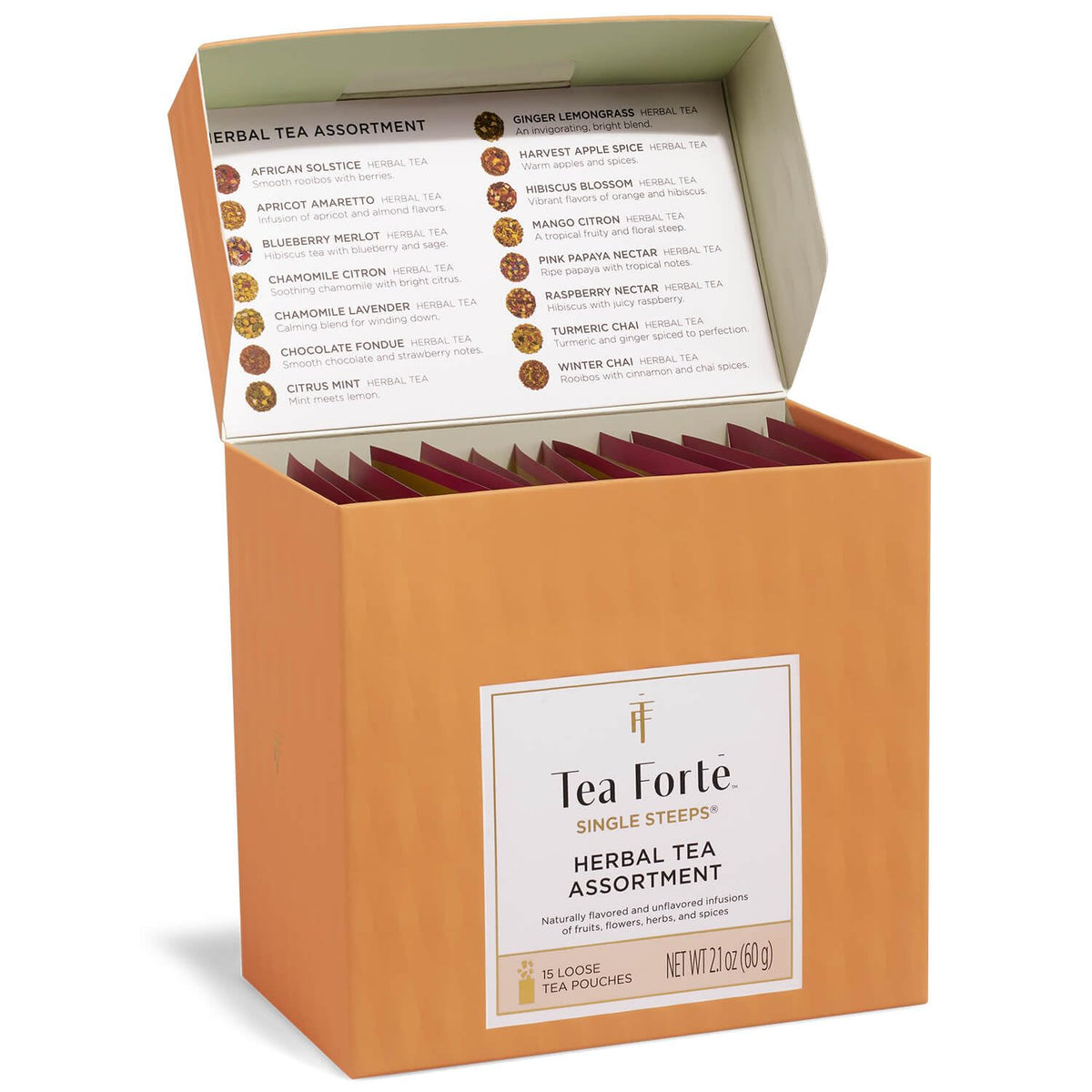 Tea Forte sampler box front showing assortment and easy brewing benefit