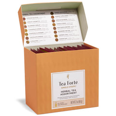 Tea Forte sampler box front showing assortment and easy brewing benefit