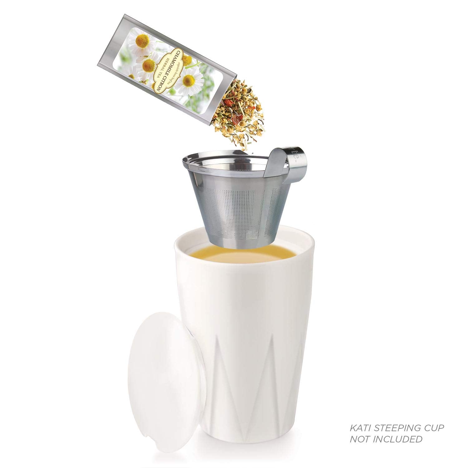 Tea Forte pouch beside a 12oz mug to show serving size and ease