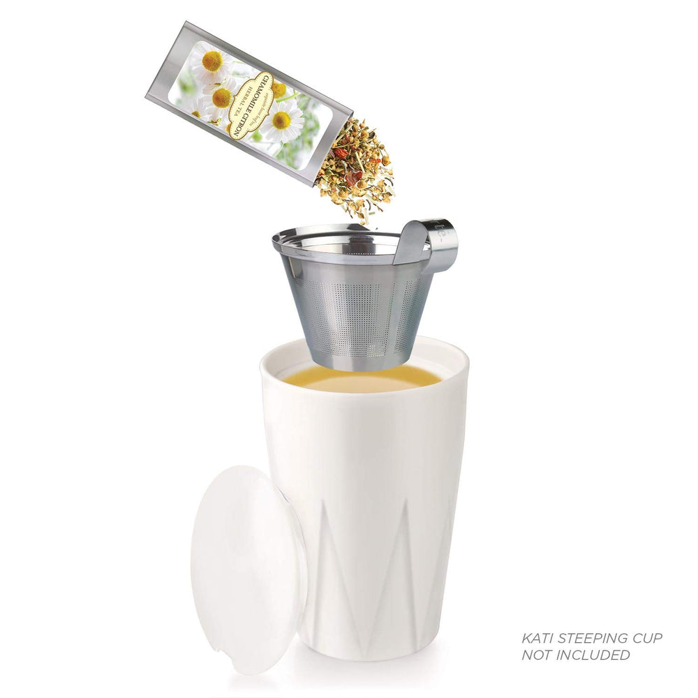 Tea Forte pouch beside a 12oz mug to show serving size and ease
