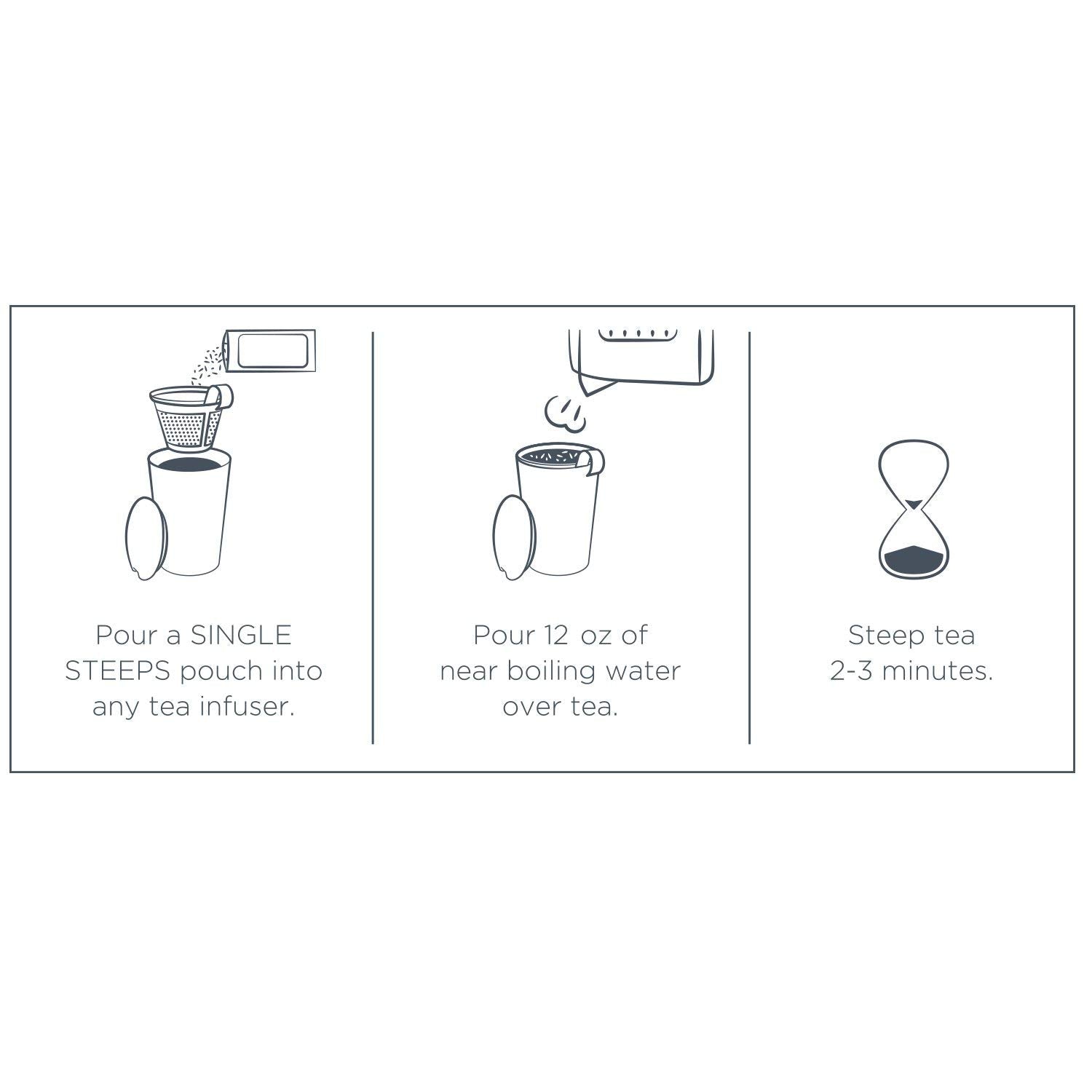 Tea Forte pouch next to a 12oz cup demonstrating correct serving size