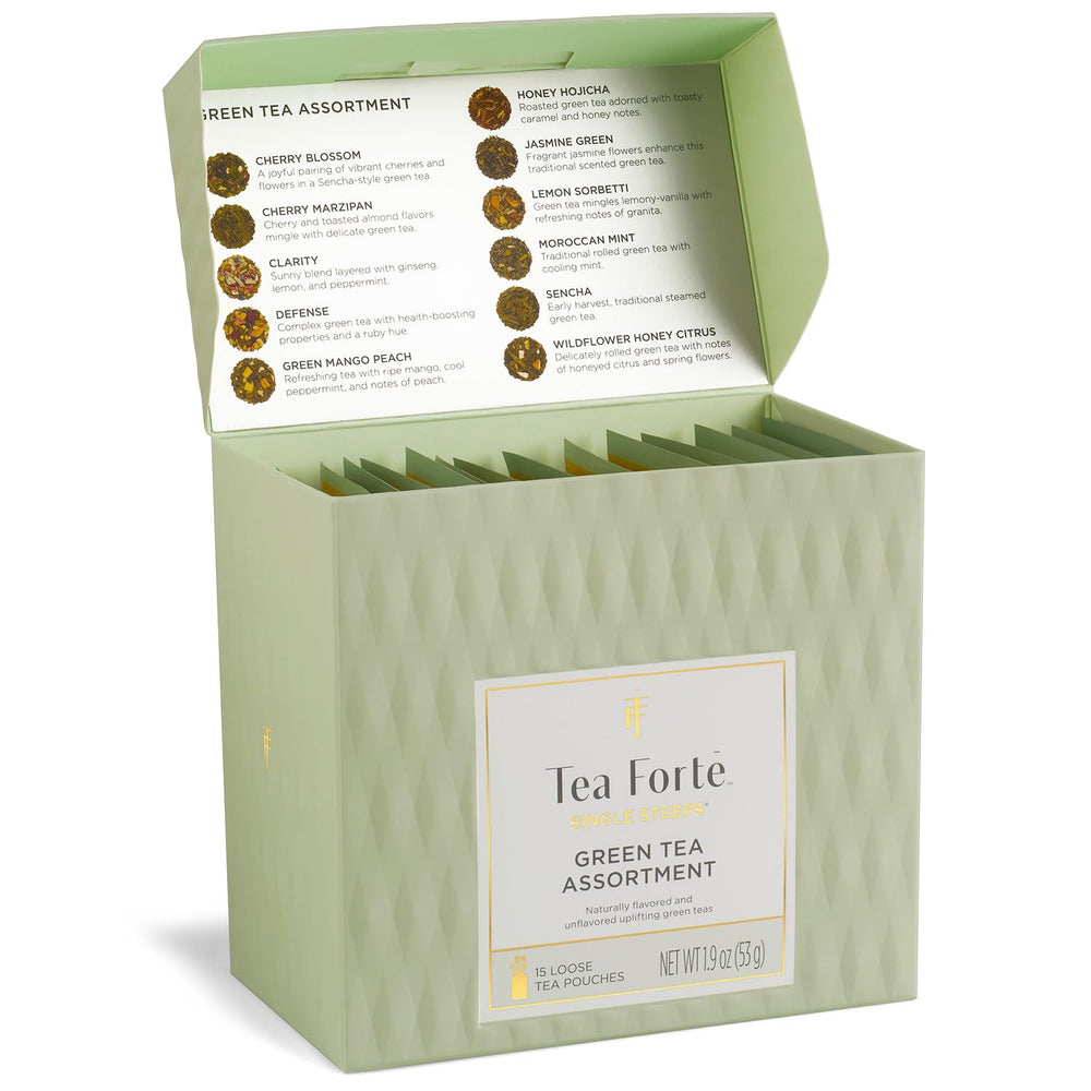 Tea Forte front packaging showing 15 green tea pouches for variety and convenience