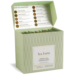 Tea Forte front packaging showing 15 green tea pouches for variety and convenience