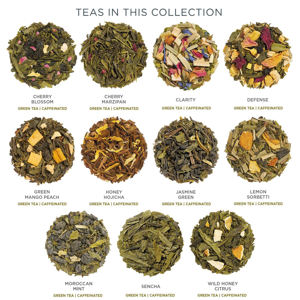 Tea Forte close-up of green tea leaves and blend texture highlighting premium quality