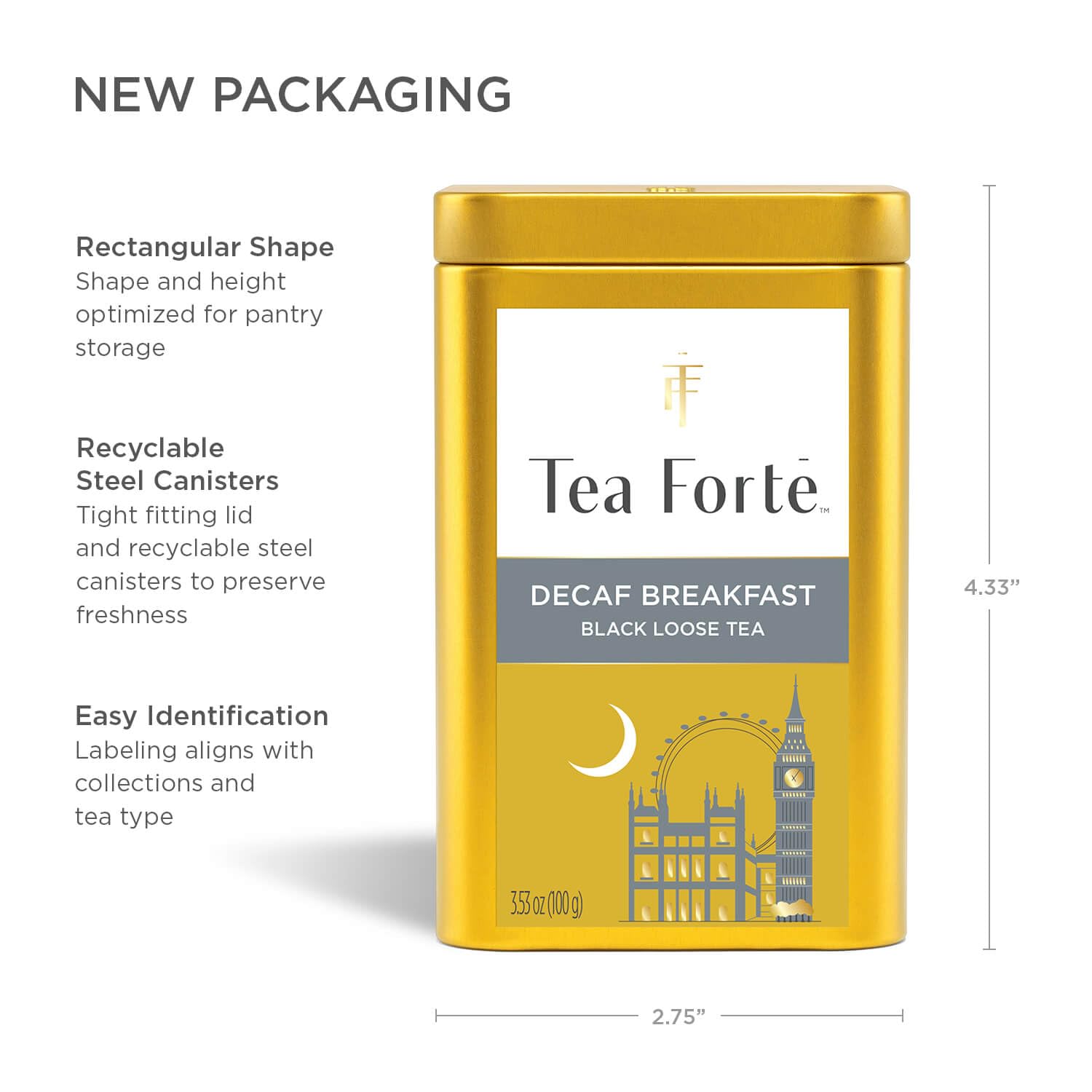 Tea Forte canister next to teaspoon showing scale and recommended serving measurement