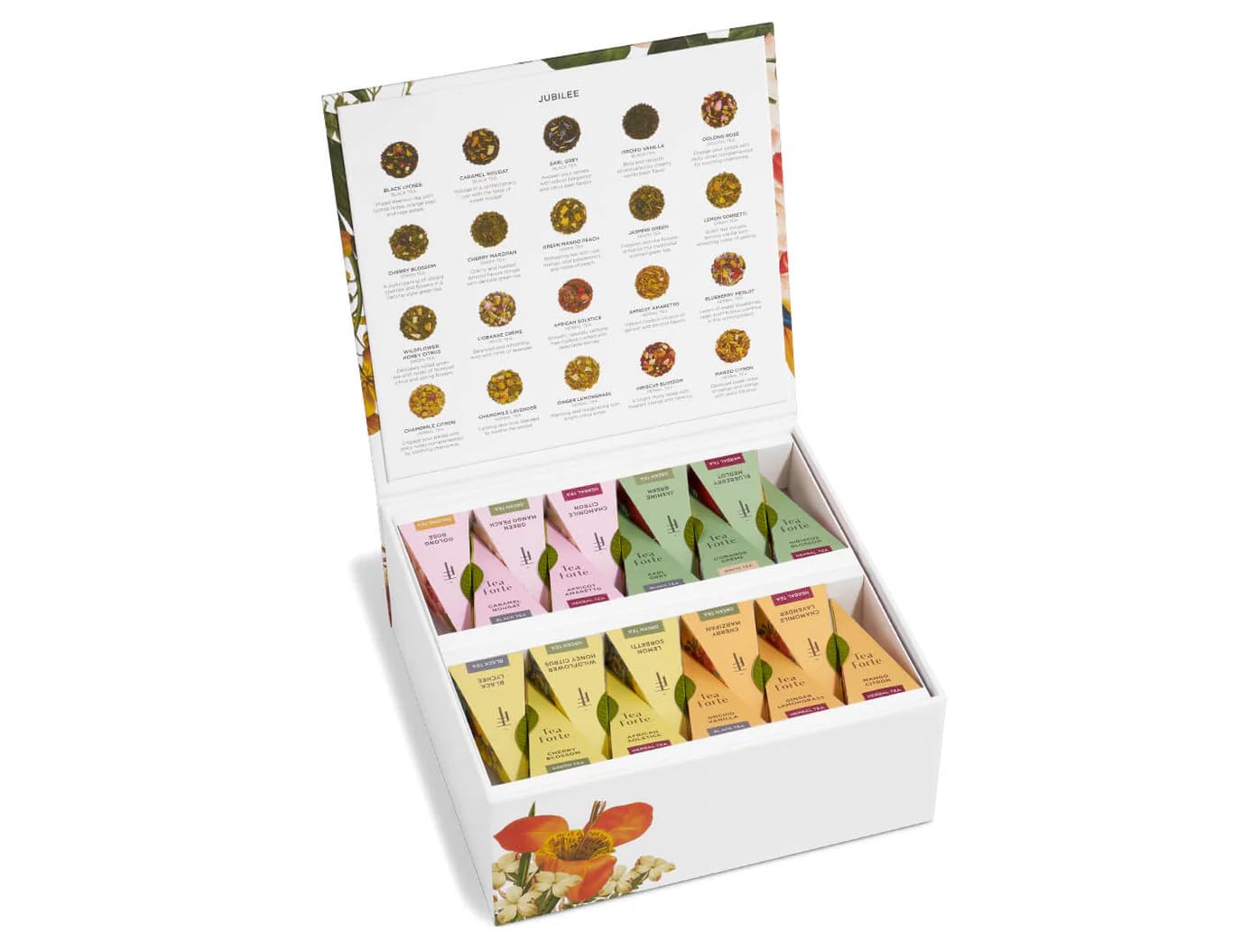 Tea Forté tasting guide and labeled contents demonstrating easy flavor exploration