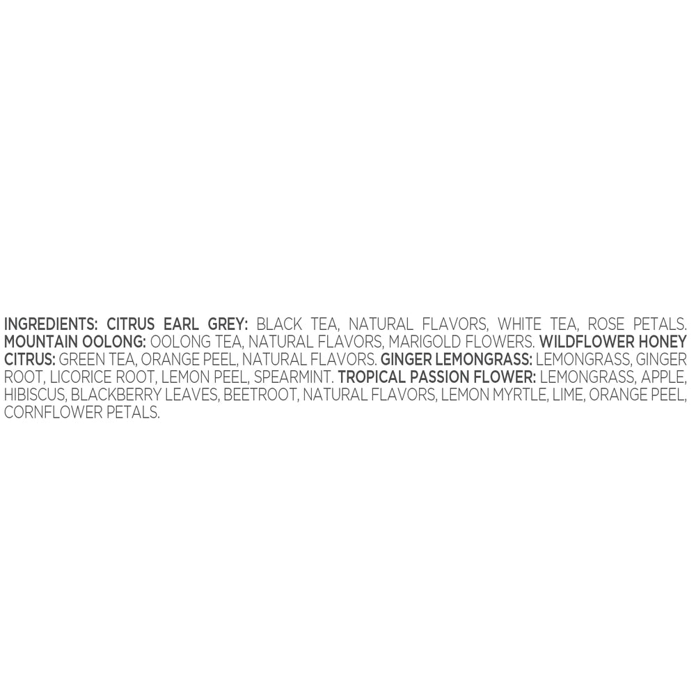 Tea Forte tea selection flat lay highlighting five blends for variety sampling benefit
