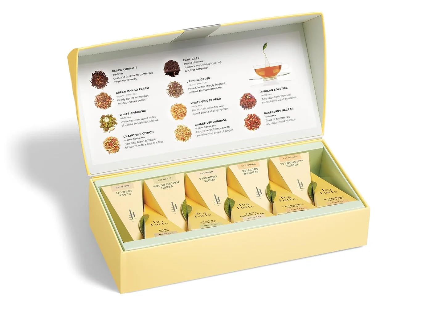 Tea Forte teacup brewed sampler pouring amber tea demonstrating clear cup and aroma